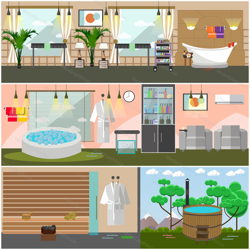Vector set of spa salon interior concept posters, banners. Luxury spa center, resort facilities flat style design elements.