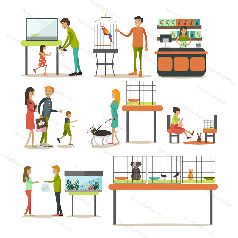 Vector set of zoo-shop concept design elements isolated on white background. Saleswoman, animals and people buying pets and food for them. Flat style design elements, icons.