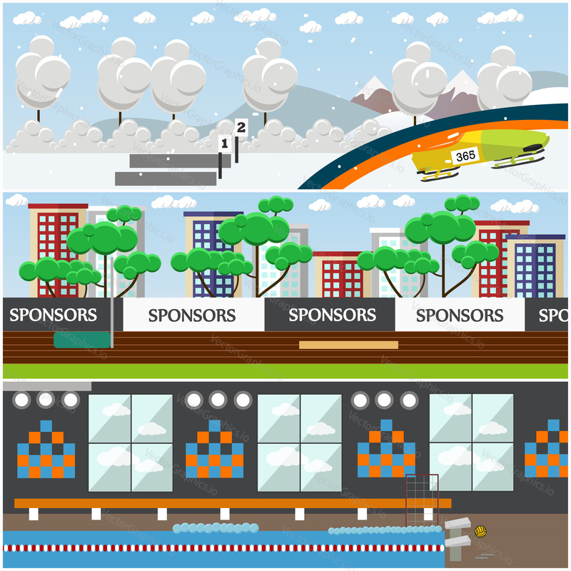 Vector set of sport posters, banners. Swimming pool interior, city stadium, ice track and shooting area for bobsleigh and biathlon competition, winter mountain landscape flat style design elements.