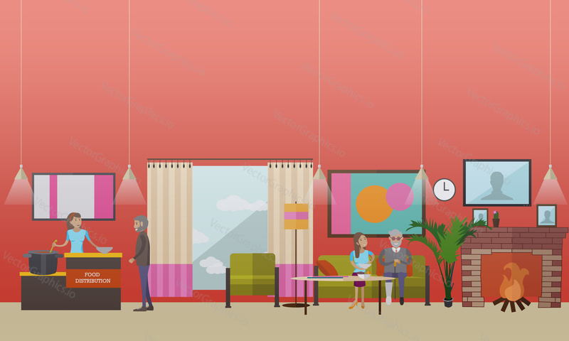 Vektorové ilustrace dobrovolníků ženy pomáhají starším osamělým lidem s jídlem. Dobrovolné organizace služby koncepce designový prvek v plochém stylu.