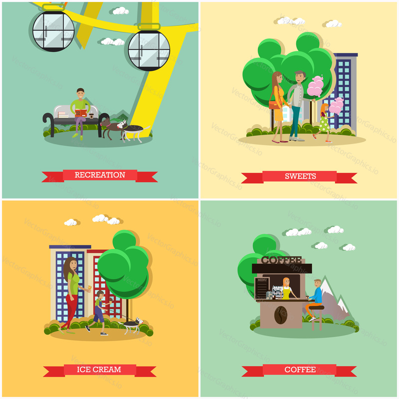 Vector set of amusement park concept posters, banners. Recreation, Sweets, Ice cream, Coffee design elements in flat style.