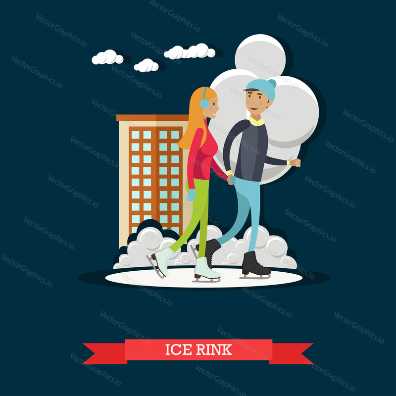 Vector illustration of young man and woman skating at ice rink. Cartoon characters. Winter sports and activities concept design element in flat style.