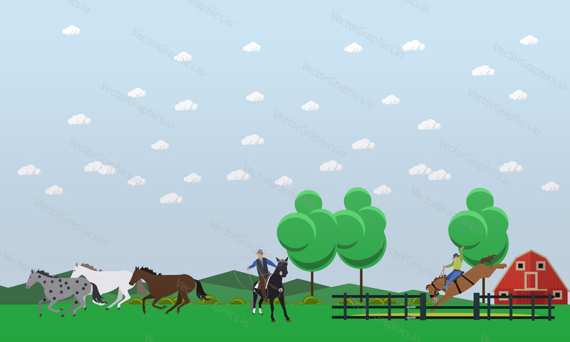 Prapor krotkých a drezurních koní. Divoké koně pobíhají, americké rodeo a kovboj s lasem. Vektorová ilustrace v plochém provedení.