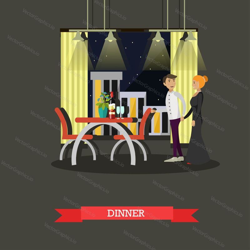 Romantic couple dinner in restaurant. Vector concept poster.