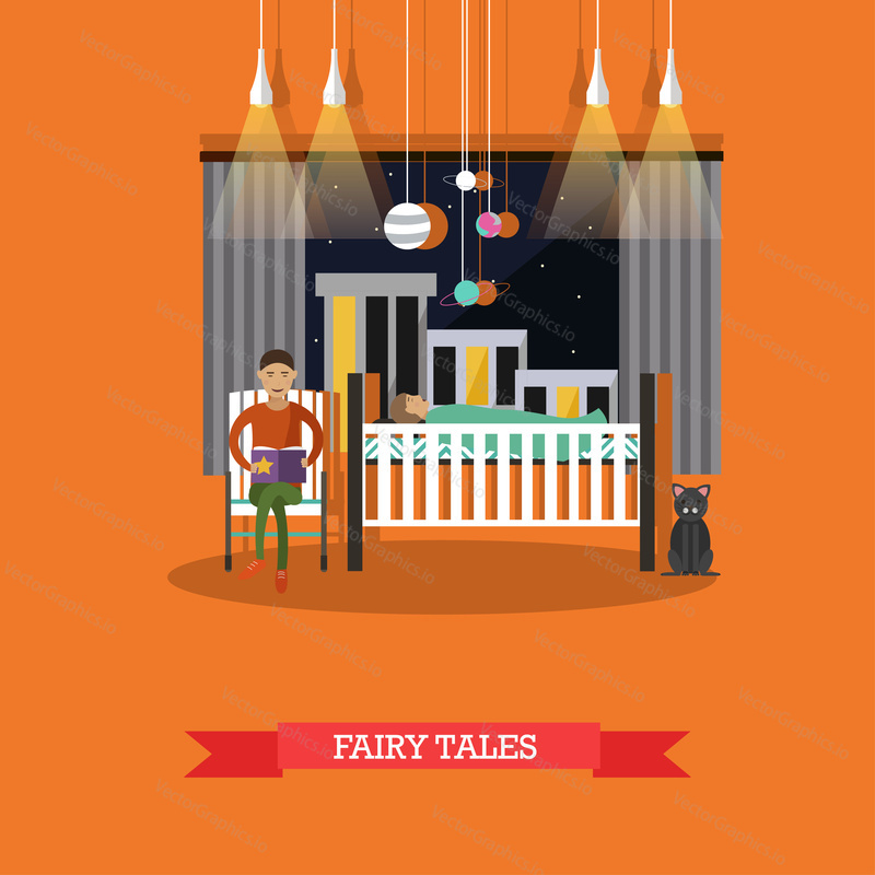 Vector illustration of father reading his child fairy tales at night. Bedtime stories. Family concept design element in flat style.