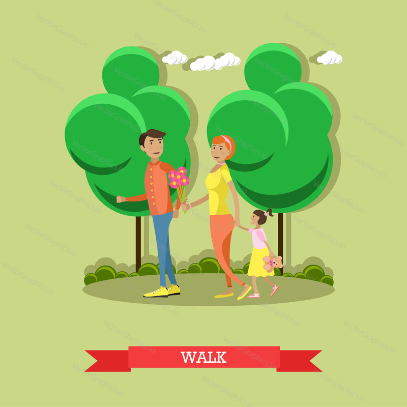 Family in park concept banner. People spending time with kids and friends in park. Vector illustration in flat style design.