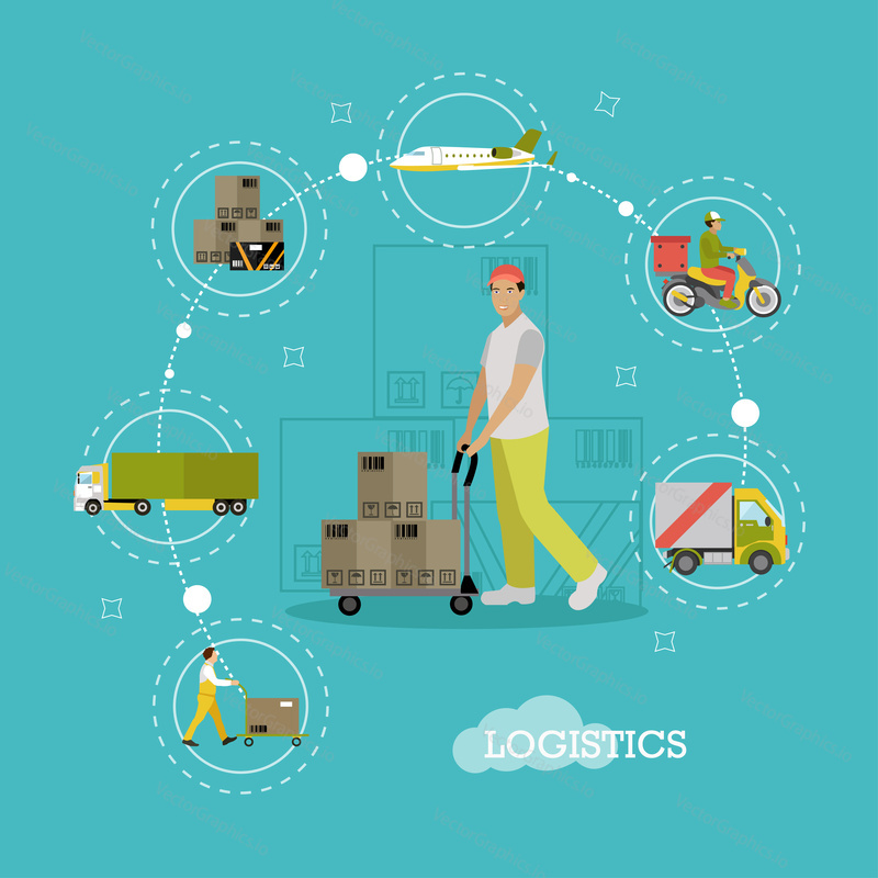 Vector Logistics delivery, transportation, warehouse concept infographic items, icons. Dodávka letadlem, lodí, kamionem, koloběžkou, odvoz zboží ze skladu pomocí konstrukčních prvků nakladače v plochém stylu.