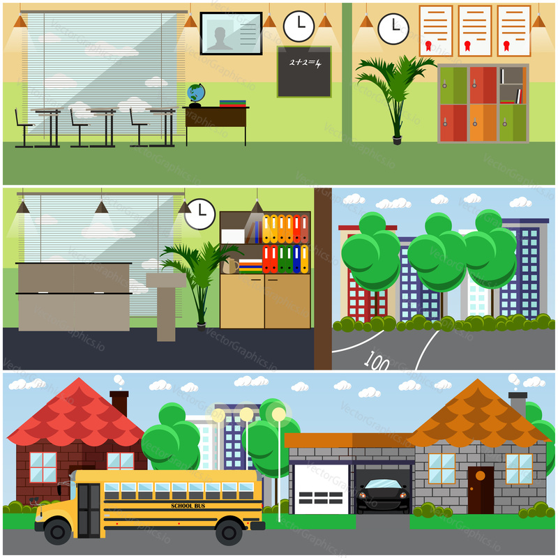 Vector set of school building interior concept design elements in flat style. Classroom at school, university, college with furniture, chalkboard, training appliances. Locker, school bus.