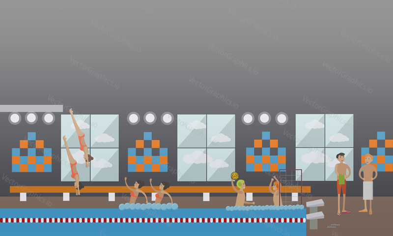Vector illustration of swimming pool and people male and female doing water sports. Diving, synchronized swimming, water polo concept design elements in flat style.