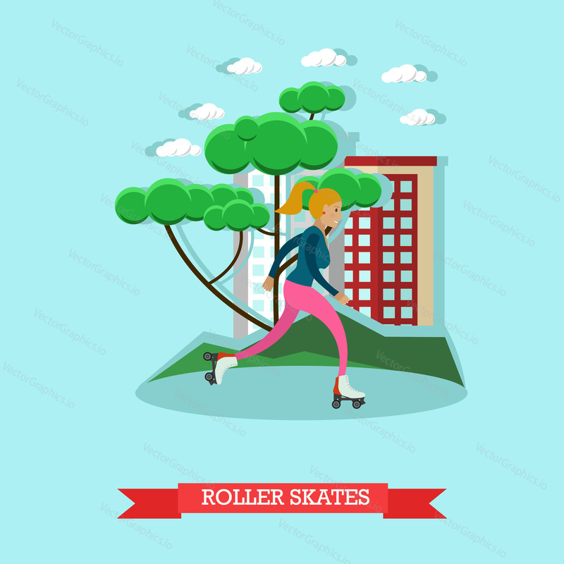 Vector illustration of roller skating girl in flat style. Roller skates concept design element in flat style.