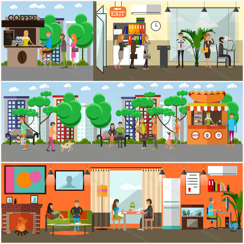 Vector set of posters, banners with people making use of various gadgets in their daily life. Modern gadgets concept posters, design elements in flat style.