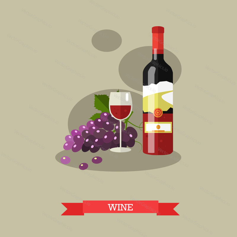 Vektorová ilustrace láhve červeného vína a sklenice plné vína s vinnou révou. Alkoholický nápoj, oblíbený nápoj. Plochý design