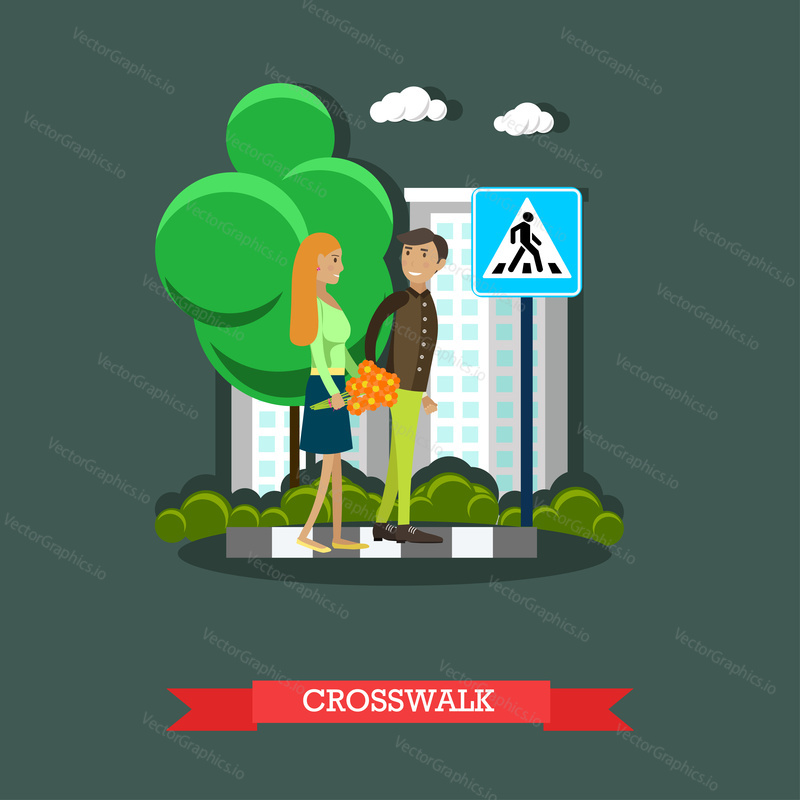 Street traffic, crosswalk concept vektorová ilustrace v plochém stylu. Lidé přecházejí ulici, dopravní značku, přechod pro chodce.
