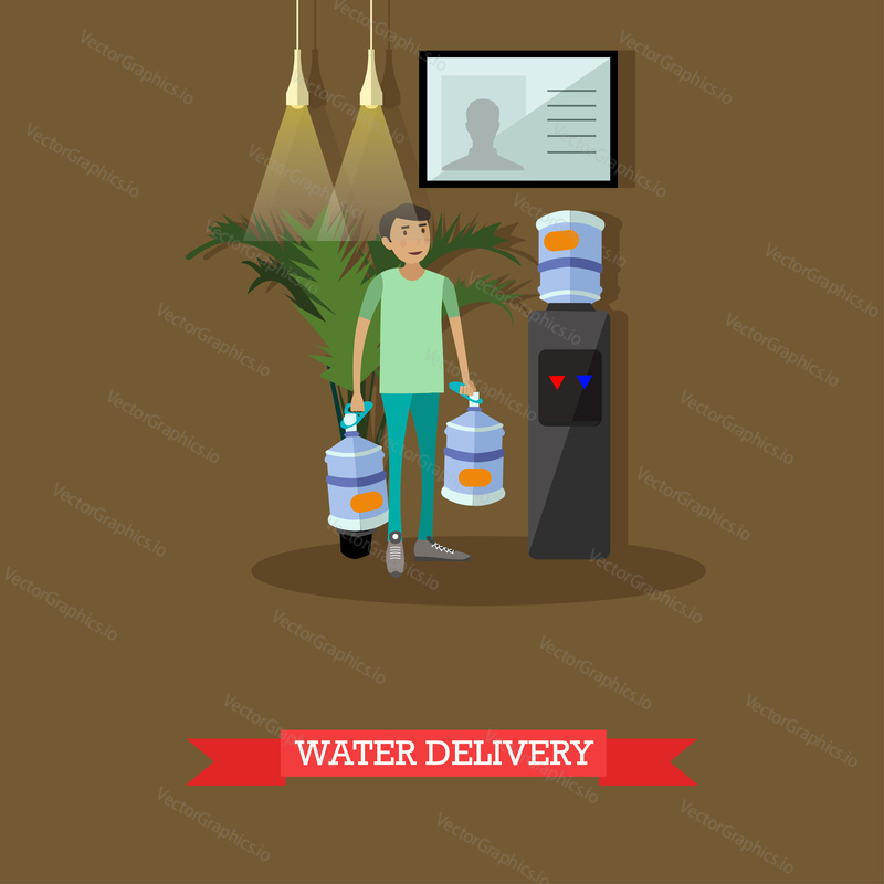 Water delivery service concept vector illustration in flat style. Man with big plastic bottles for office cooler.
