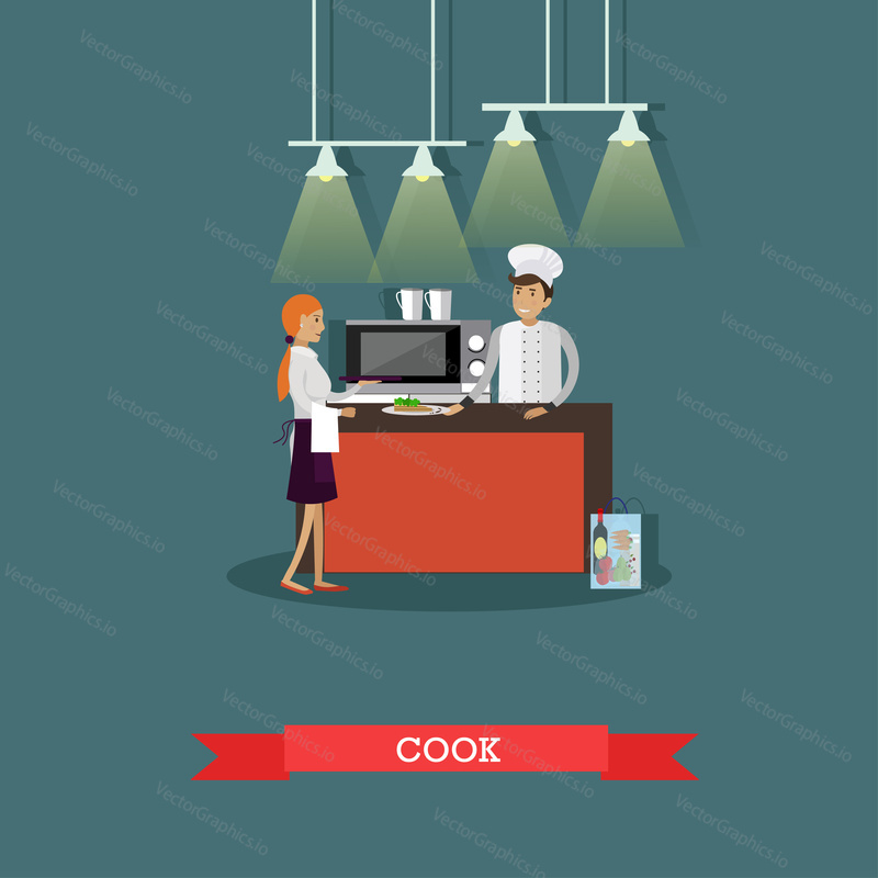Kitchen interior in restaurant. Vector poster. Chefs cooking food in kitchen room.