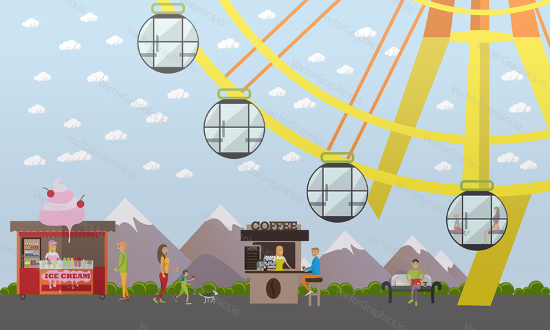 Vector illustration of amusement park concept design element with ferris wheel attraction, ice cream and coffee stalls, salesgirls and buyers, walking people. Cartoon characters, flat style.