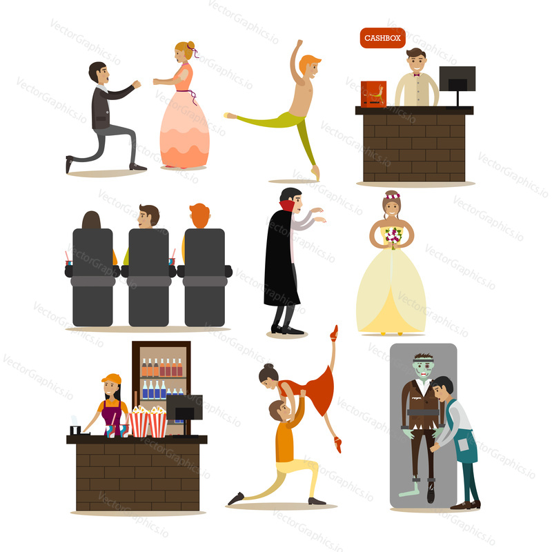 Vector set of opera concept icons isolated on white background. Actors, singers, dancers, spectators characters, cashbox and cafe flat style design elements.