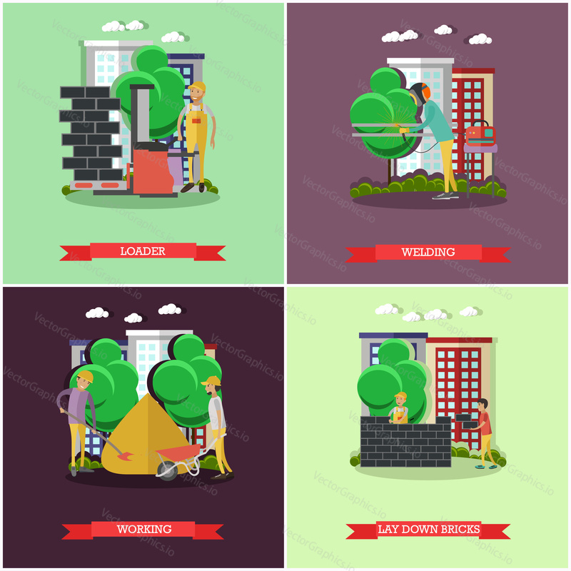 Vector set of construction concept posters, banners. Loader, Welding, Working, Lay down bricks design elements in flat style.