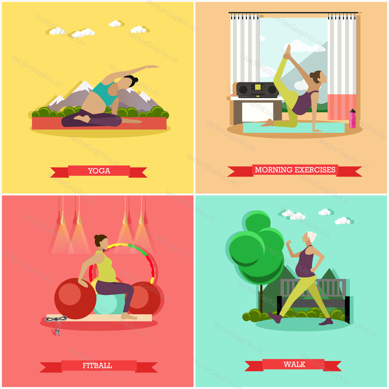 Vektorová sada zdravého těhotenství. Ranní cvičení, fitness, fitball trénink, chůze a jóga pro těhotné ženy. Aktivní životní styl zdravotní péče. Plochý design