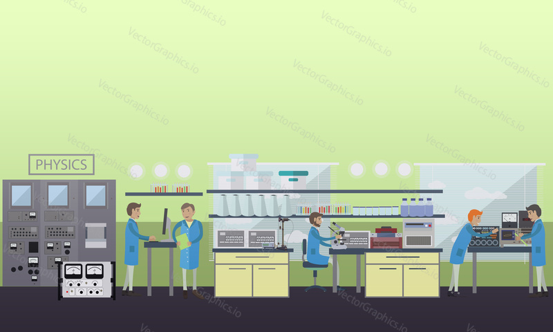Vektorová ilustrace konceptu fyziky v plochém stylu. laboratorní interiér, fyzici provádějící experimenty s použitím laboratorního skla a vybavení.