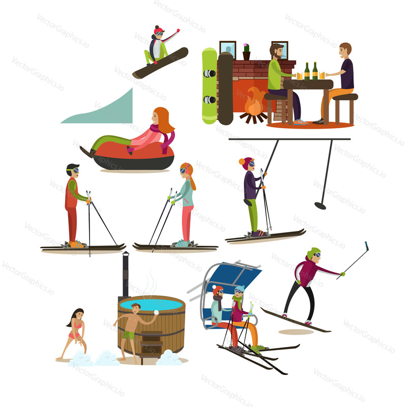 Vector set of people having a lot of fun in winter isolated on white background. Snowboarding, tubing, downhill and cross-country skiing, ski lift, japanese barrel hot tub, cafe flat style icons.