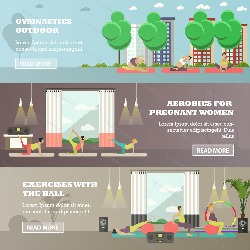 Vector set of horizontal banners advertising sport activities for pregnant women. Gymnastics outdoor, Aerobics for pregnant women, Exercises with ball design elements in flat style.