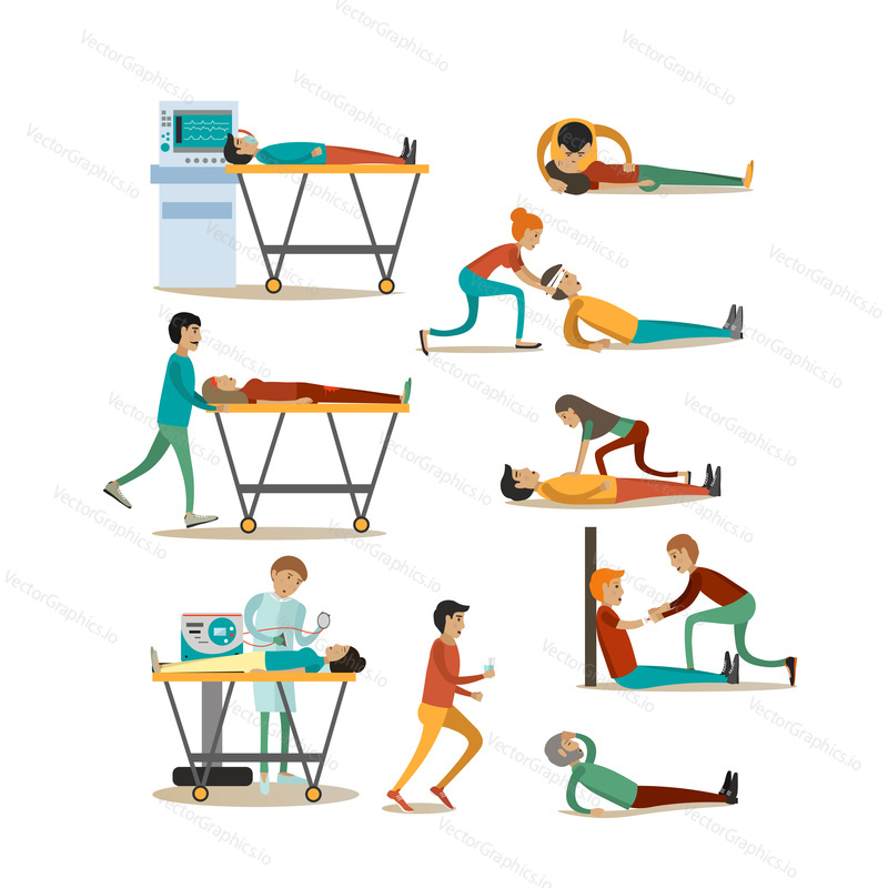 Vector icons set of emergency first aid people isolated on white background. Cardiopulmonary resuscitation and other procedures of first aid design elements in flat style.