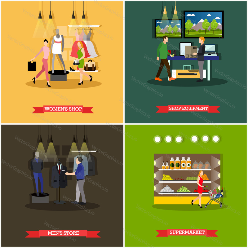 Vector set of shop and supermarket design elements in flat style. People shopping at fashion clothing store, supermarket, equipment and electronics shop.