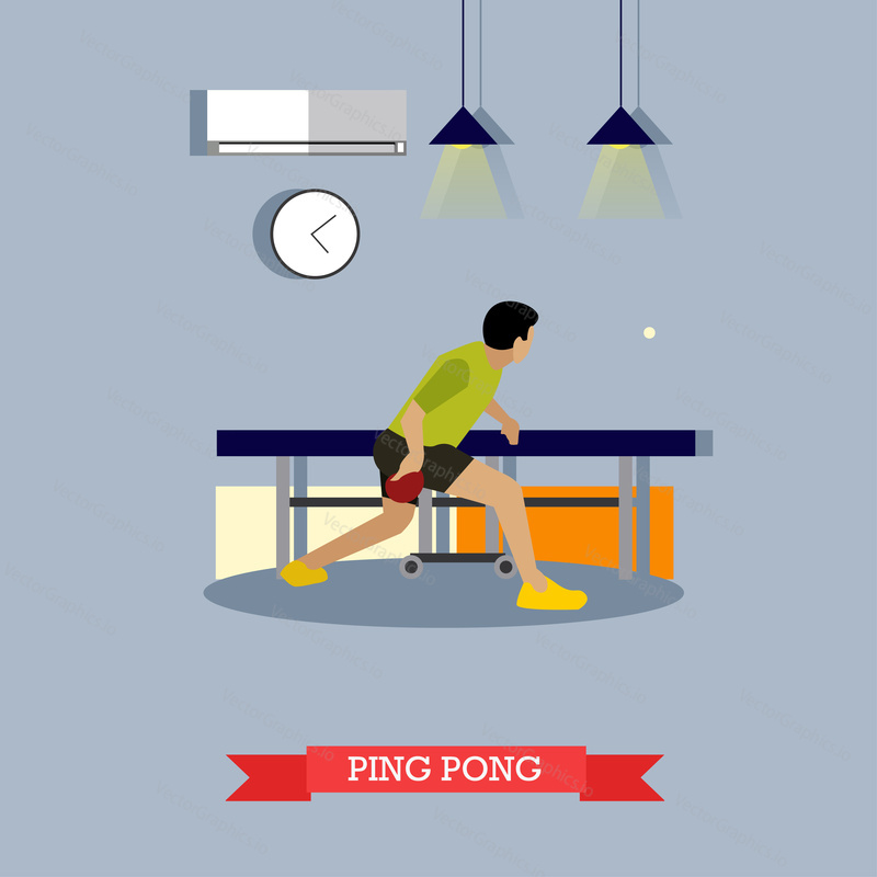 Ping-pong hráč trénuje v klubu. Mistr stolního tenisu naplňuje své dovednosti pádlem a míčem. Vektorové ilustrace v plochém designu