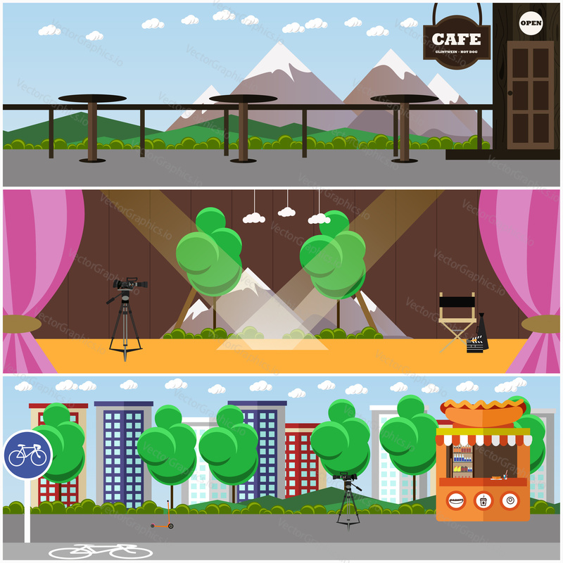 Vector set of photo, video interior concept backgrounds, posters, banners in flat design. Cafe on mountain, theater stage, city street, professional cameras.