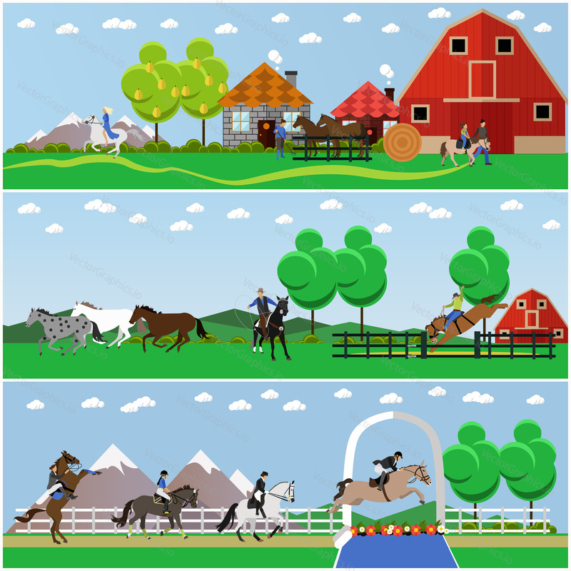 Vector banners of horse riding. Equestrian sport, amateur riding, american rodeo, training and dressage, show jumping. Flat design