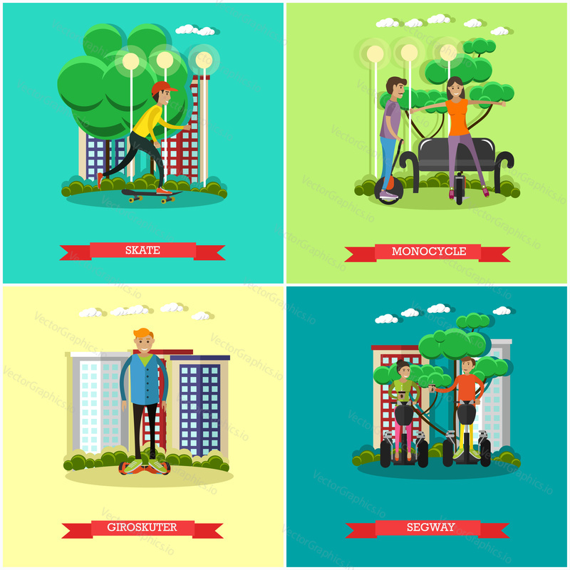 Vector set of modern transport concept posters. Roller skates, Monocycle, Giroskuter and Segway design elements in flat style.