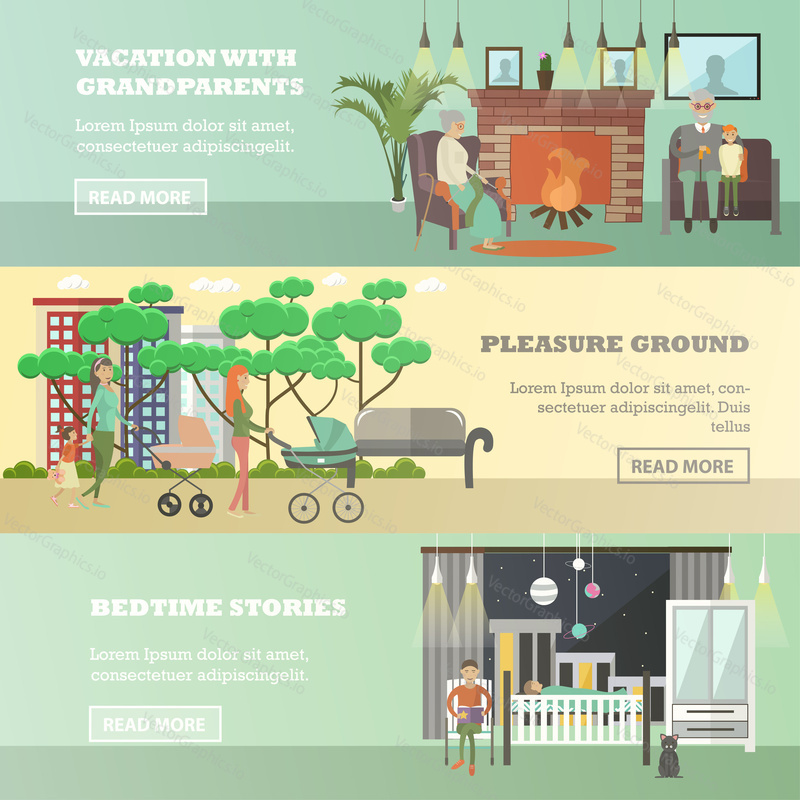 Vector set of family concept horizontal banners. Vacation with grandparents, Pleasure ground, Bedtime stories design elements in flat style.