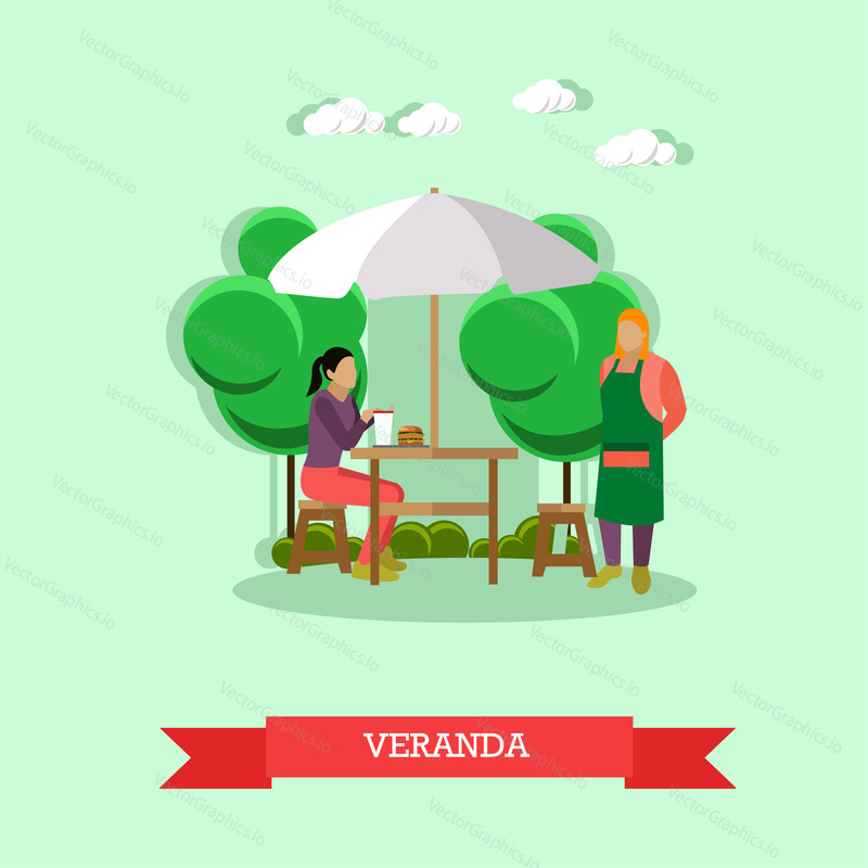 Street cafe concept vektorové ilustrace v plochém stylu. Veranda designový prvek s číšník sloužící žena sedí u stolu pod deštníkem.