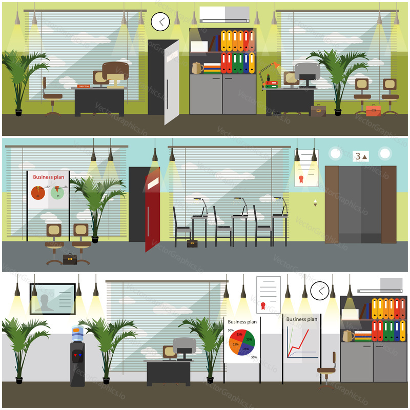 Vector set of office building interior concept posters, banners, backgrounds. Office equipment, furniture and supplies in flat style.