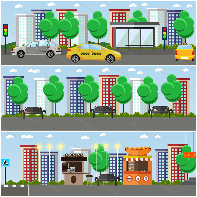 Vector set of street concept design elements, backgrounds in flat style. Modern street with food stalls, place for walk. Main street, bus stop, traffic lights, road sign, crosswalk.