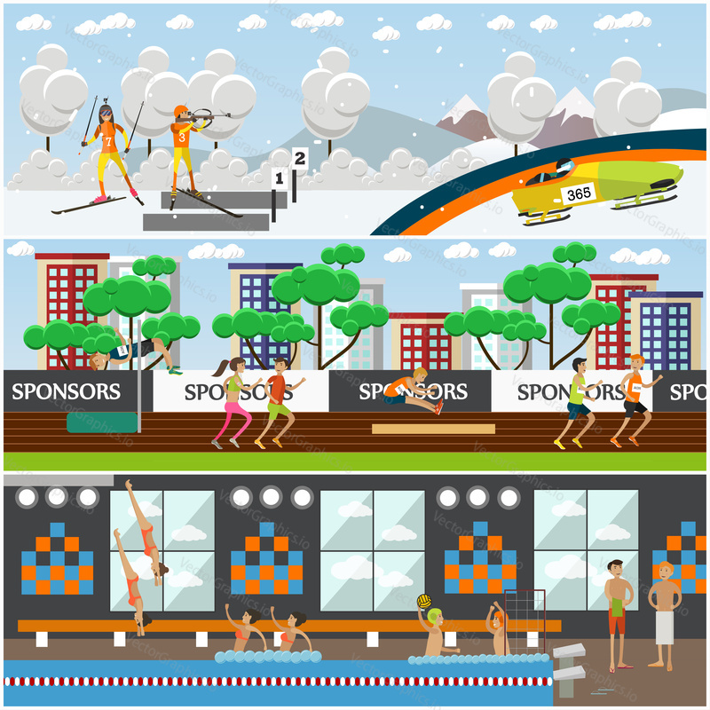Vector set of sports concept posters, banners. Light athletics, water and winter sports. People doing sports, taking part in competitions design elements in flat style.
