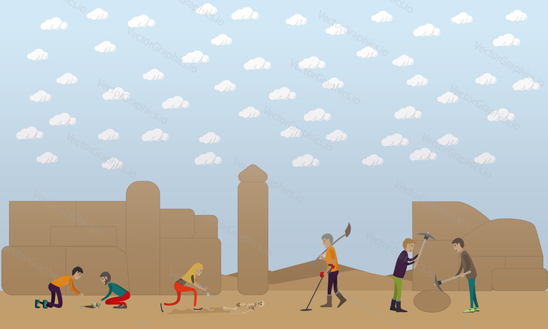 Archeologické vykopávky koncept vektorové ilustrace v plochém stylu. Archeologové, pozůstatky osad, archeologické nástroje.
