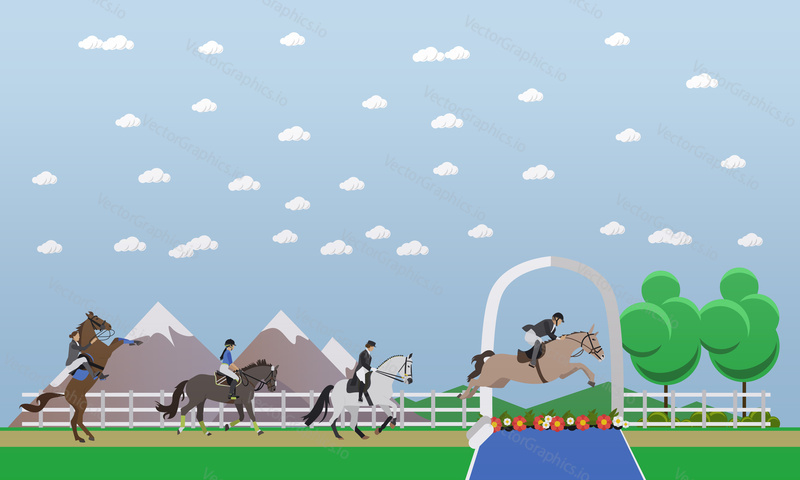 Professional horseback riders. Horse show jumping, running and galloping and horse on its hind legs. Jockeys in professional uniforms, helmet, hat, boots. Vector illustration in flat design