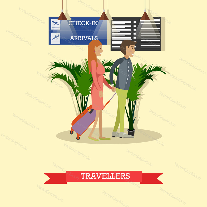 Vector illustration of travellers man and woman with baggage. Travel by plane concept design element in flat style.