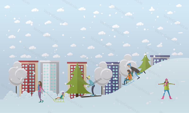 Vector illustration of winter people activities concept design elements in flat style. Characters sledding, skiing, making snow angel. Winter cityscape.