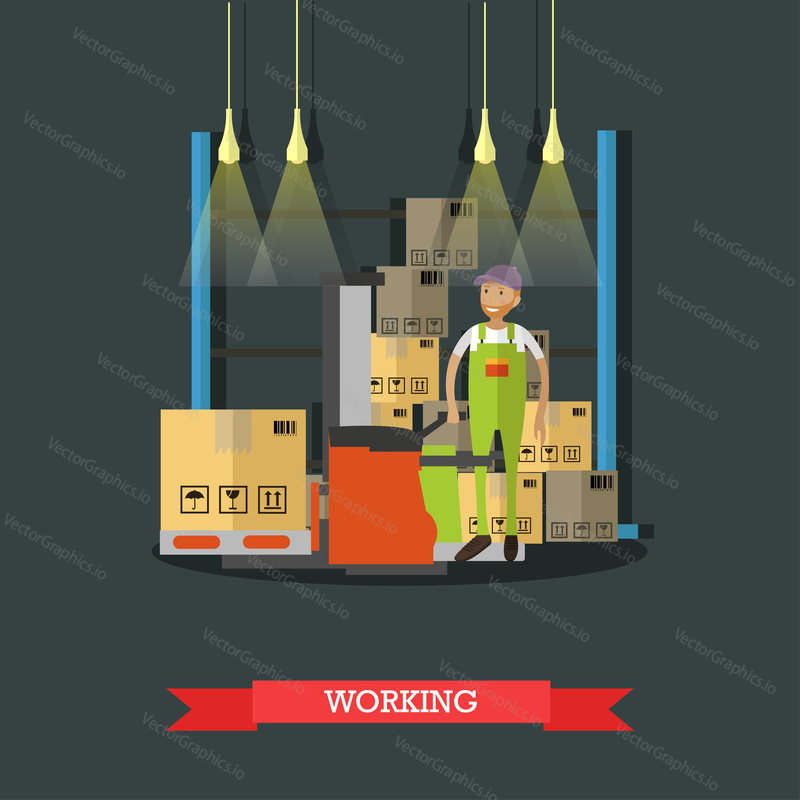 Logistické a doručovací služby concept banner. Skladník. Vektorová ilustrace v designu plochého kresleného stylu. Doručovatel pracující ve skladu a přepravních produktech.