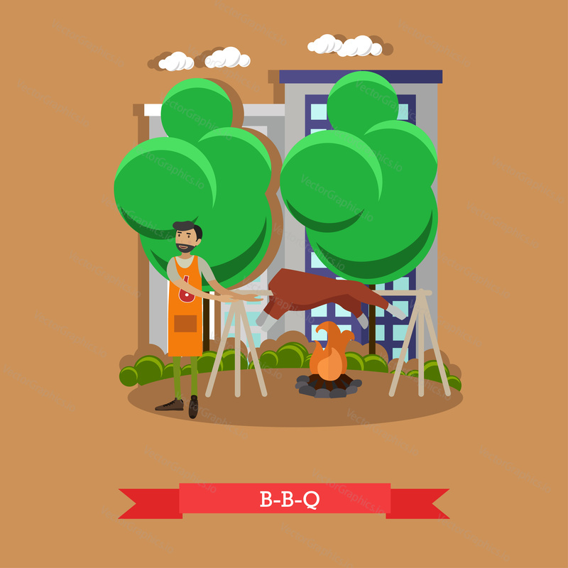 Roasted lamb meat on a spit. BBQ pig grilled on fire. Vector illustration.