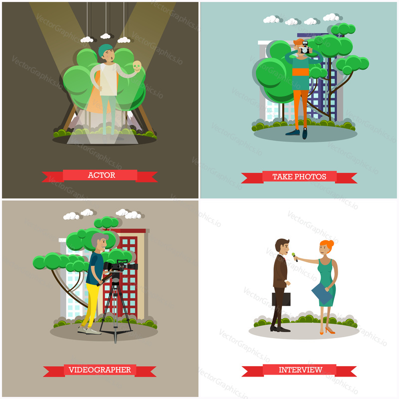 Vector set of photo and video concept posters, banners. Actor, Take photos, Videographer, Interview design elements in flat style.