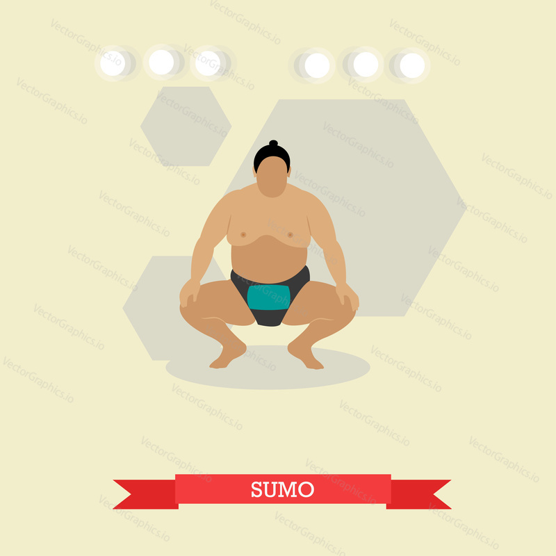 Sumo zápasník připraven k boji. Tlustý, Velký, obézní muž. Tradiční sport, bojové umění Japonska. Vektorové ilustrace v plochém designu
