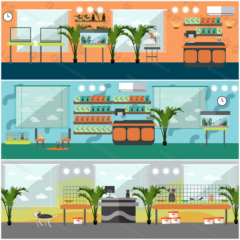 Vector set of pet shop interior concept posters, banners. Pet store, animals, pet food and accessories flat style design elements.