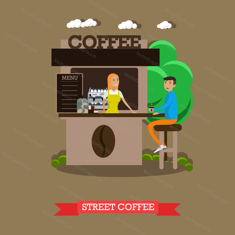 Street coffee shop concept vector banner. Stánek s jídlem v plochém stylu. Designové prvky a ikony. Zákazník u stánku.