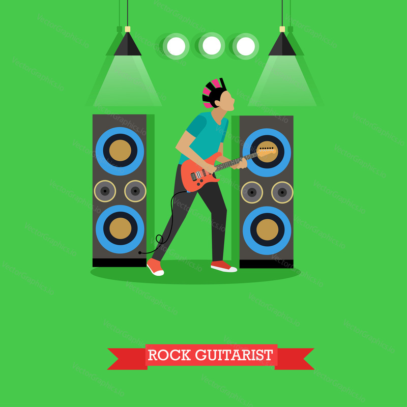 Chlapec rockový kytarista, vektorové ilustrace v plochém stylu. Rocker hraje na elektrickou kytaru na jevišti, strunný hudební nástroj.