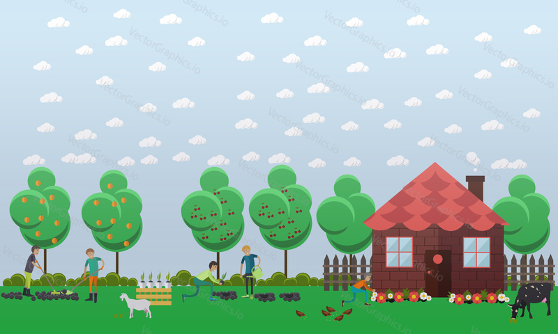 Country house, planting vegetables concept vector illustration in flat style. Gardeners men tilling, digging, fertilizing soil with garden tools, watering flowers.