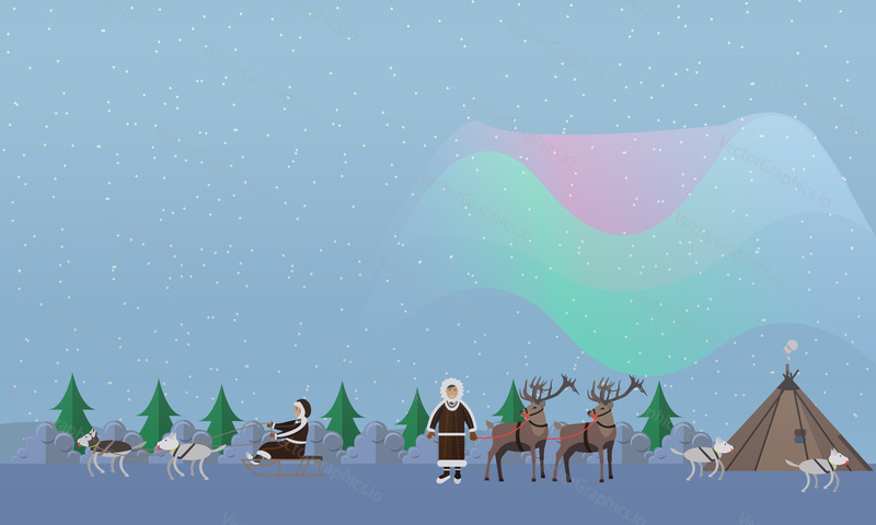 Vektorová ilustrace konceptu Northern lights. Arktická krajina s aurora borealis, Eskymáci v tradičním oblečení a arktická zvířata, ploché designové prvky.